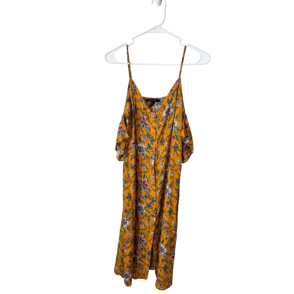 Forever‎ 21 Mustard Yellow Floral Cold Shoulder Button Front Dress Womens Small